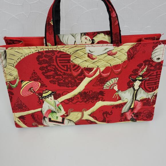 Modella Womens Handbag 11.5" x 8 Red Asian Motif Sequined Double Strap - Picture 10 of 15